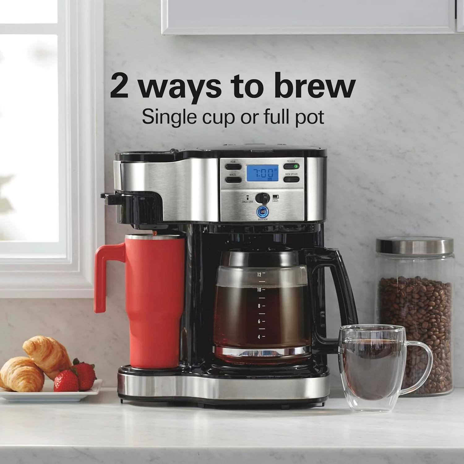 

2-Way 12 Cup Programmable Drip Coffee Maker & Single Serve Machine, Glass Carafe, Auto Pause and Pour, Black (49980R)