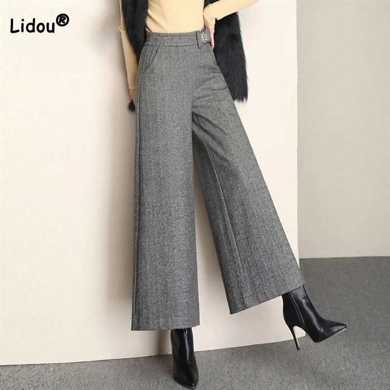 Office Lady Loose Solid Color Wide Leg Pants Autumn Winter Fashion Simplicity Elastic High Waist Cropped Pants Women's Clothing