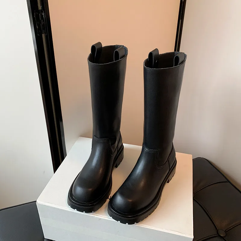 MKKHOU, botas de media caña a la moda para mujer, nuevas botas de cuero genuino de alta calidad con cabeza redonda y parte inferior gruesa, botas de calle hasta la pantorrilla
