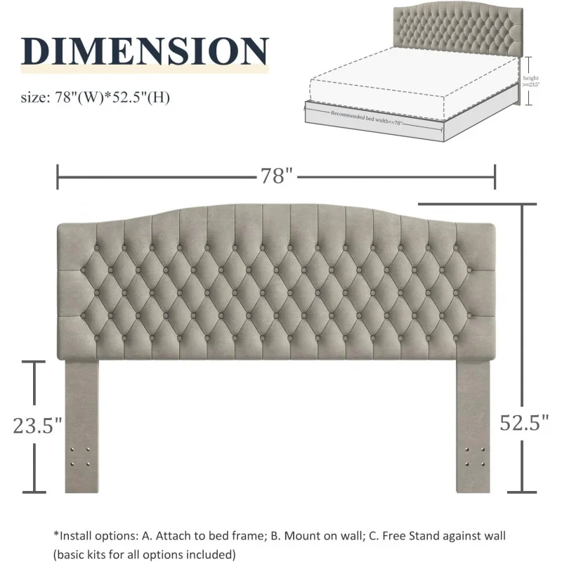 Upholstered Head Board for Adjustable Bed Velvet Tufted Cal King Size Wall Mounted Headboard