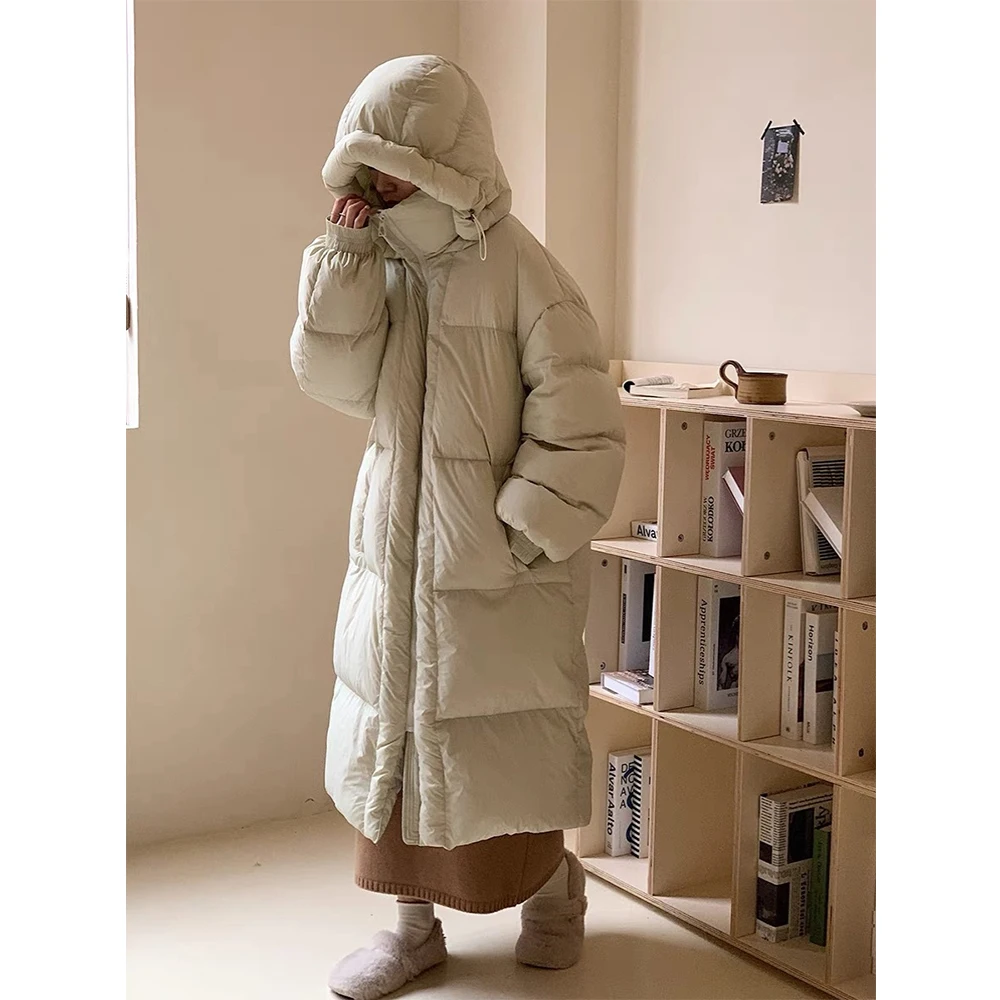 

Thicken Warm Women Long White Duck Down Coat Solid Waterproof Hooded Warm Puffer Jackets Female Casual Outfits Overcoats