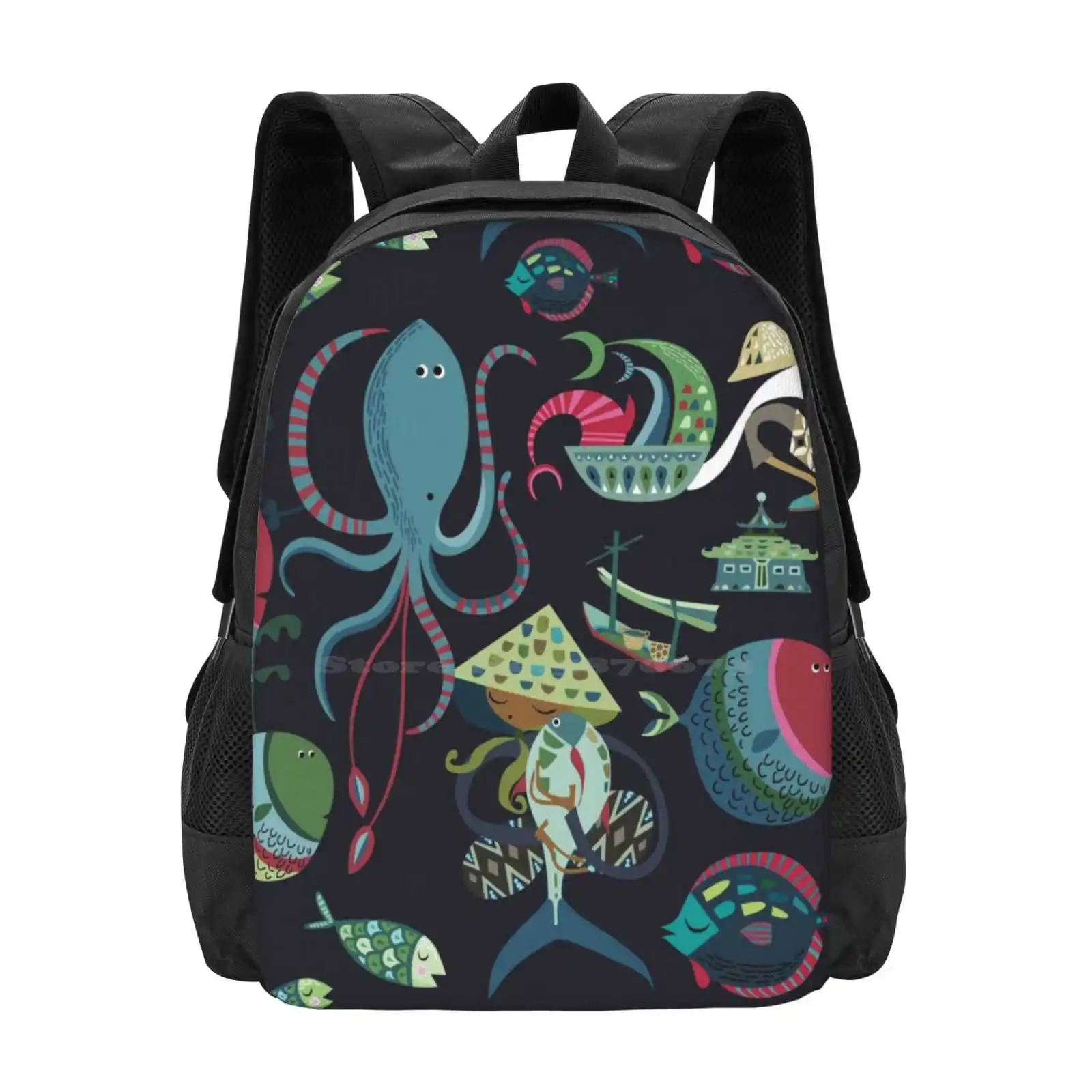 Fish Market School Bag Big Capacity Backpack Laptop Fish Market Retro Vintage Ocean Octopus Seacreatures Fishy Kids Childrens