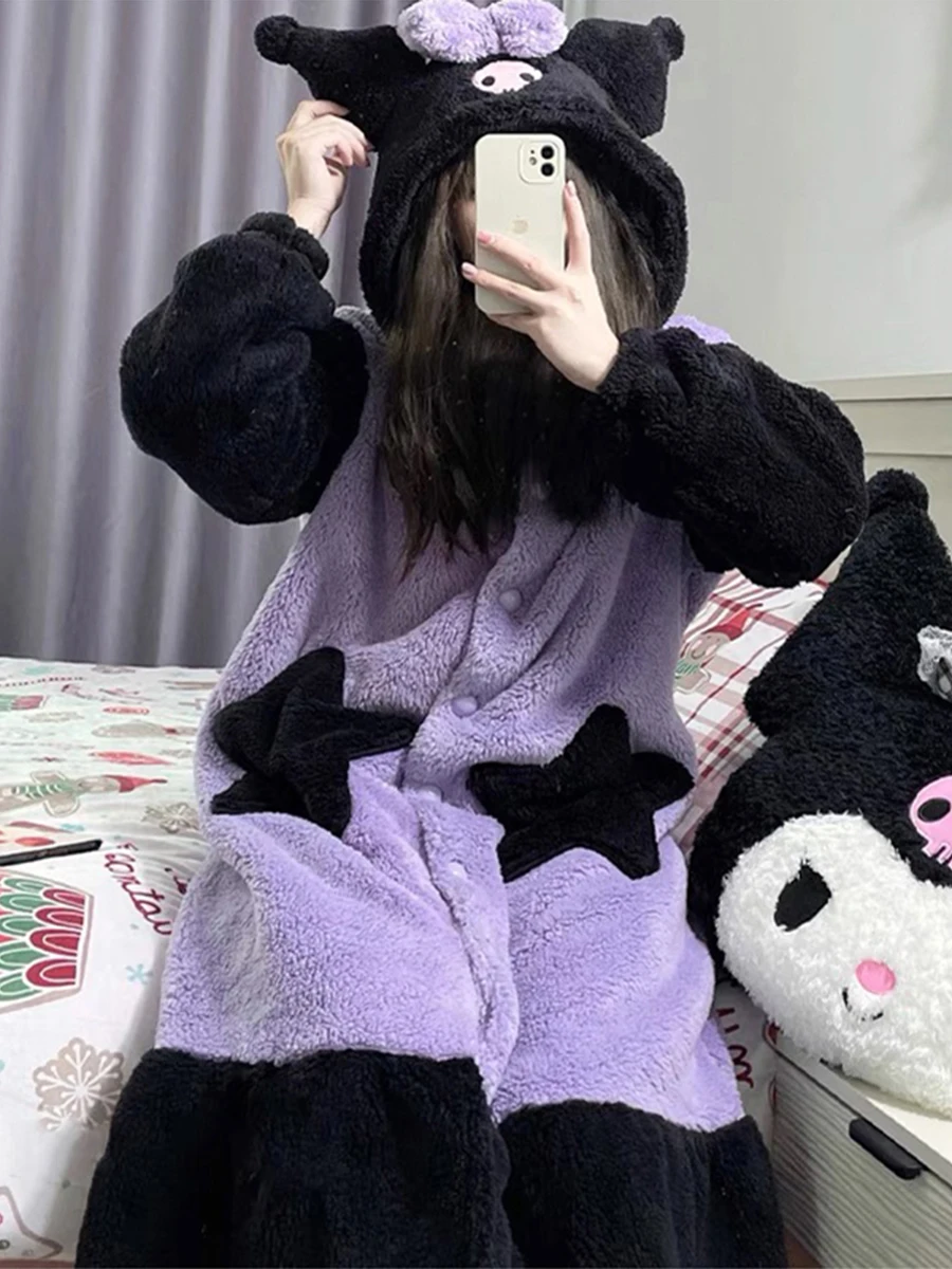 Kuromi Nachtjapon Vrouwelijke Winter Lange Plus Fluwelen Leuke Pyjama Pak Kawaii Student Broek Warme Broek Jas Nachtjapon Kleding Cadeau