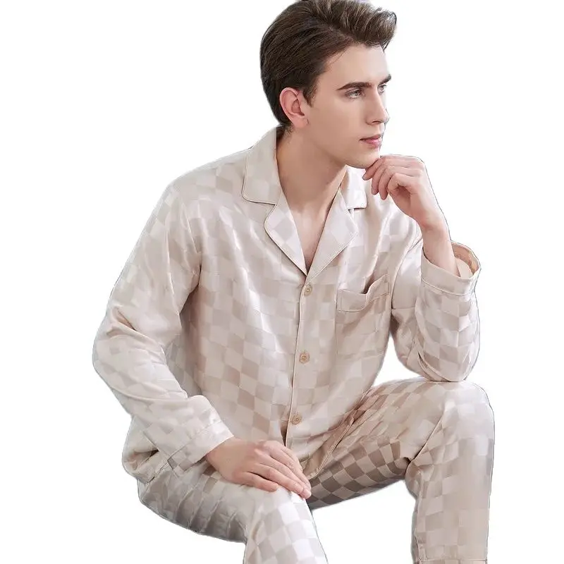 Winsleter,Long Sleeved Thin High-End Plaid Autumn Winter Breathable Home Wear100%Real Silk Pajamas Men\'s Two-Piece Set S3N821QC