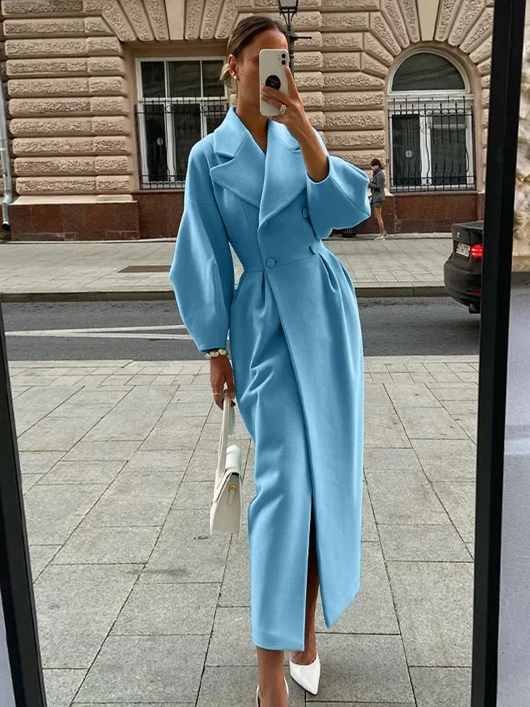 Women Lapel Lantern Sleeve Long Jackets Solid Double Breasted Waist Fold Woolen Coat Winter Thick Warm Female Elegant Outwear