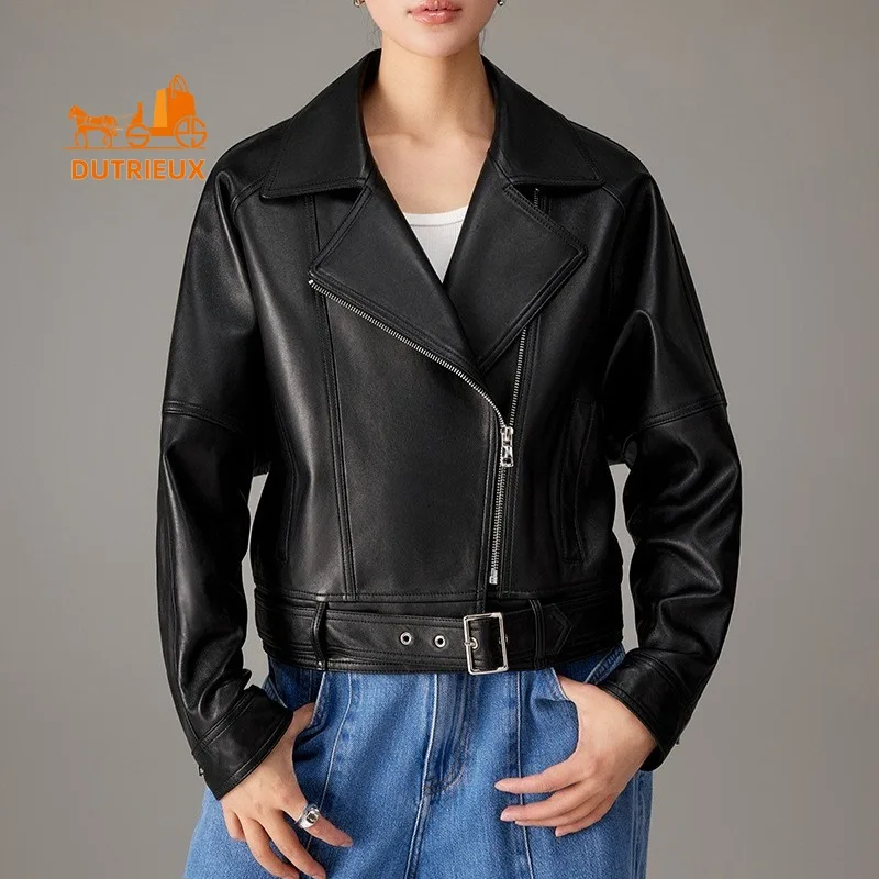 2025 Giacca corta in pelle con risvolto allentato con orlo elastico da donna nuovo autunno 2025, pelle di pecora genuina al 100%, cappotto con linee semplici slim fit