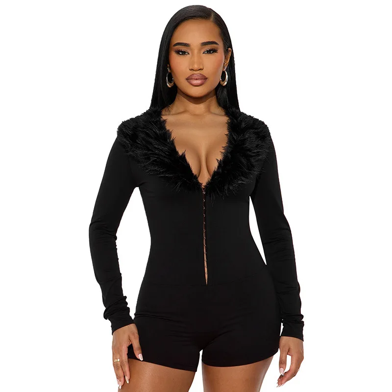 Sexy lange mouwen faux fur trim slim fit zwarte bodysuit chique V-hals wikkelbodysuit herfst casual bodysuit feest club romper
