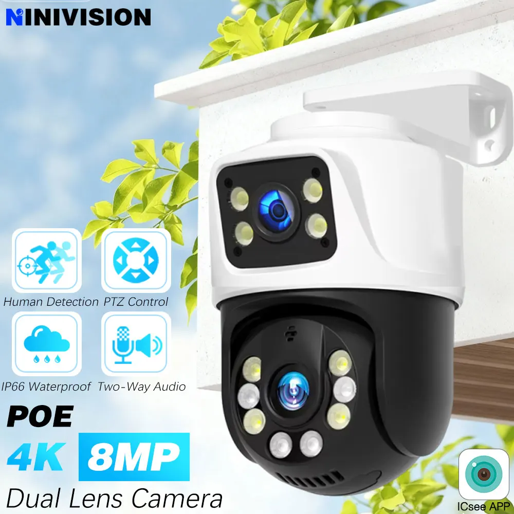 

4K 8MP ICSee Dual Lens POE PTZ IP Camera Two-Way Audio Human Detection Home Security Video CCTV Surveillance Color Night Vision