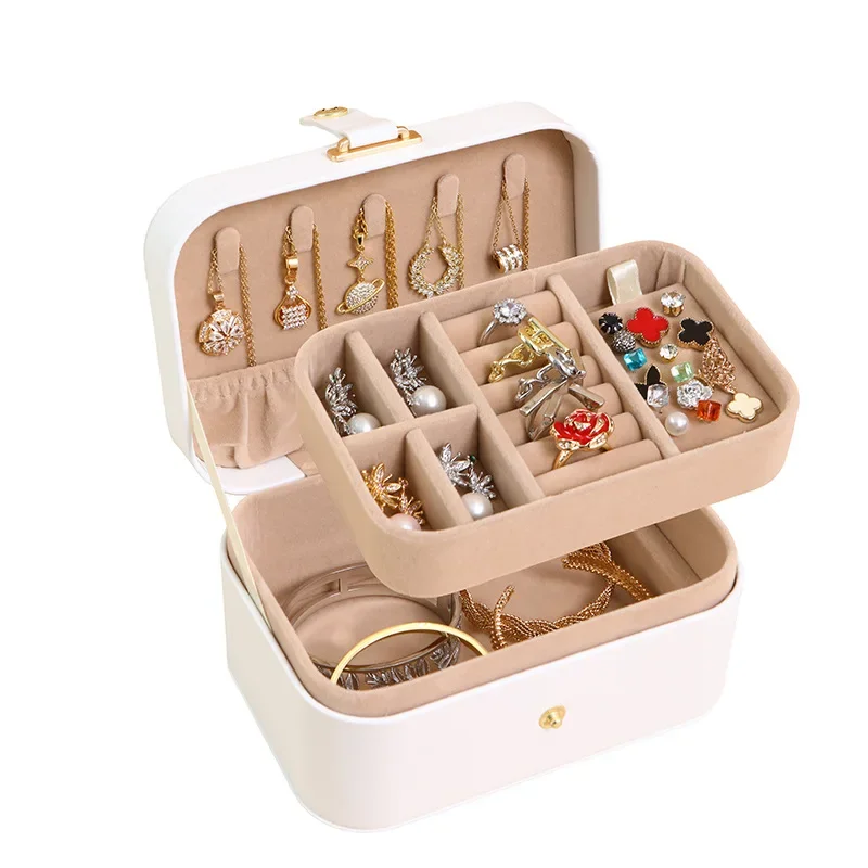 Button Flip Type 2 Layer Travel Jewelry Box Portable Necklace Earrings Ring Jewelry Box