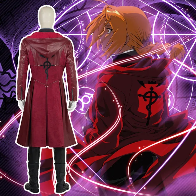 

2025 ♥ New Anime Edward Elric Fullmetal Alchemist Cosplay Costume Wig Red PU Hooded Windbreaker Coat Combats Man Carnival Par ☆★