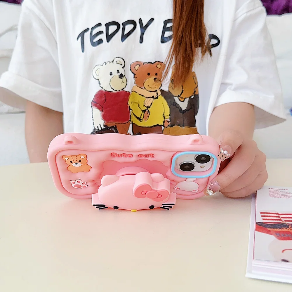 Kwaii Kuromi Hello Kitty Soft Silicone Case For iPhone 16 Plus 15 14 13 12 Pro Max 3D Cartoon Stand Holder Cover With Neck Strap