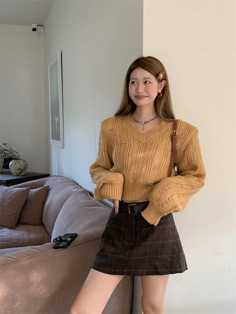 Design Sensation Hollow V-ne ort Sweater Dames losse slanke hoge taille buik ow gebreide top Lantern Sve Long Sve