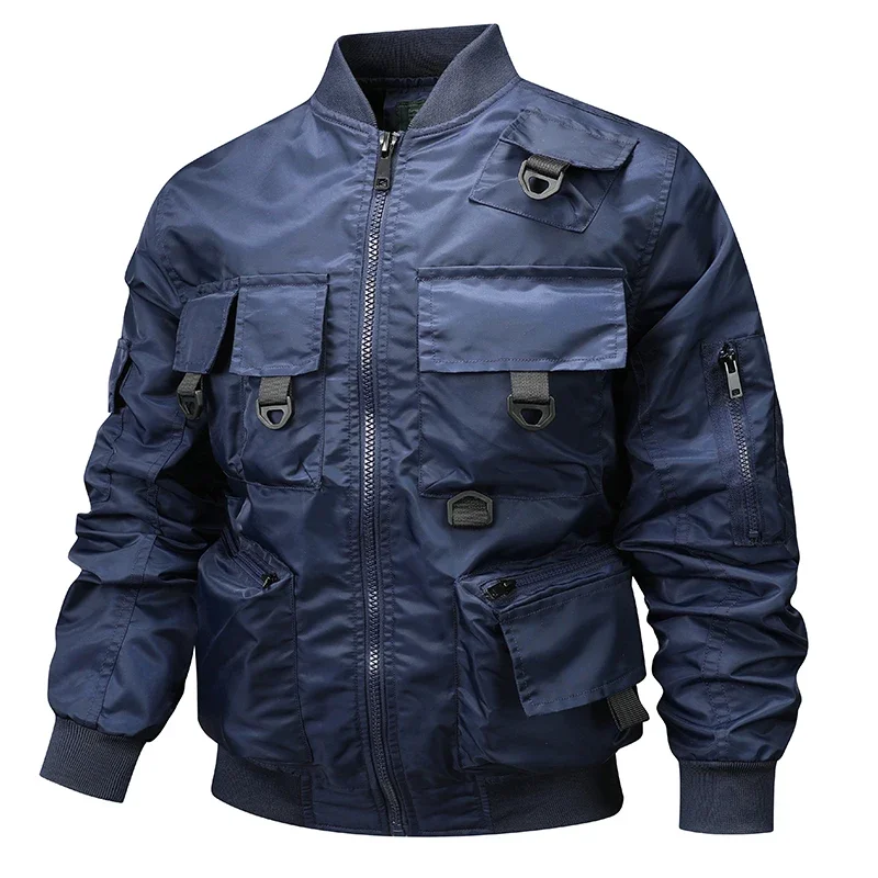 Herren Arbeits jacke Frühling und Herbst neue feste Farbe Multi-Pocket Outdoor-Abenteuer Stehkragen Mantel Herren Baseball-Kleidung