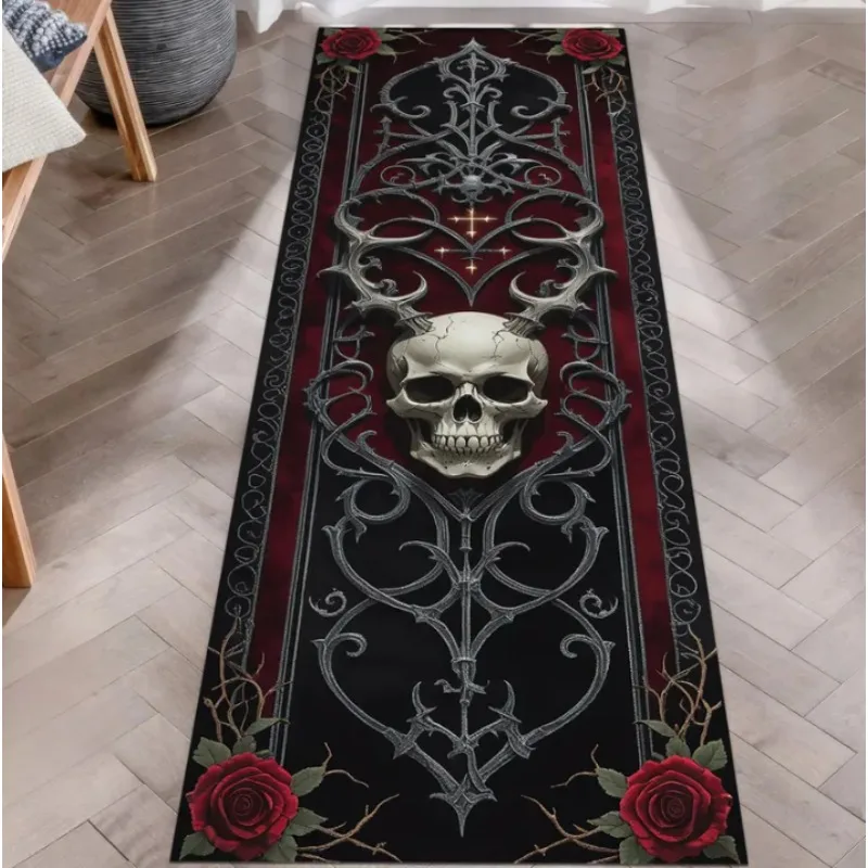 Skull Pattern Gothic Runner Rug Red Black Rose Decor Carpet Soft Non-Slip Art Home Decor Mat for Hallway Living Room Bedside