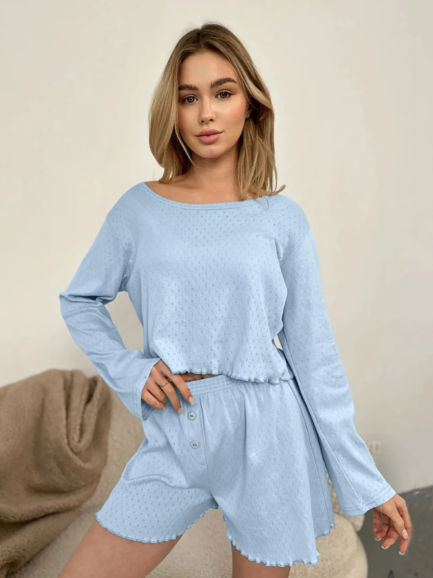 

Marthaqiqi Casual Women'S Sleepwear 2 Piece Set Long Sleeve Pajama O-Neck Nightgown Crop Top Nightwear Shorts Loose Home Clothes