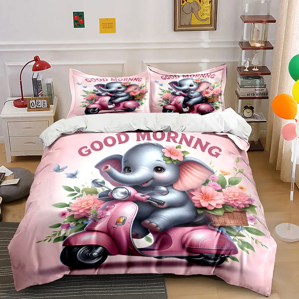 Cute elephant on pink scooter Print Bedding Set 1 Duvet Cover 2 Pillowcases for Adult and Children Luxury Gift Full Size