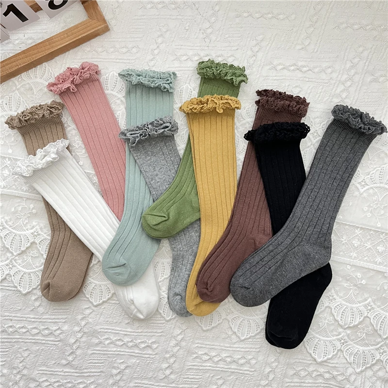 Ruffle Girls Knee High Socks Baby Kids Toddlers Long Soft Cotton Sock Lace Flower Children School Uniform Socks For 0-8Years