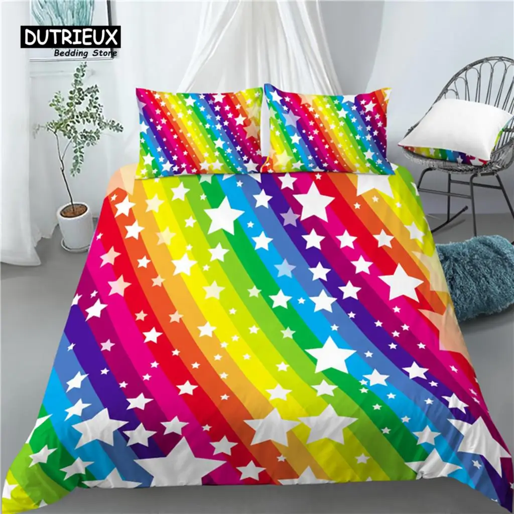 

Home Living Luxury 3D Rainbow Stripe Star Print 2/3Pcs Comfortable Duvet Cover PillowCase Bedding Set Queen King AU/EU/US Size