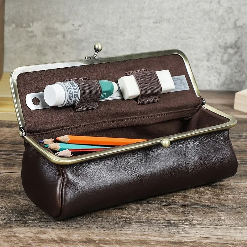 New Genuine Leather Creative Pen Pouch, Handmade Large Capacity Pencil Case, Premium Multi-functional Stationery Storage Box