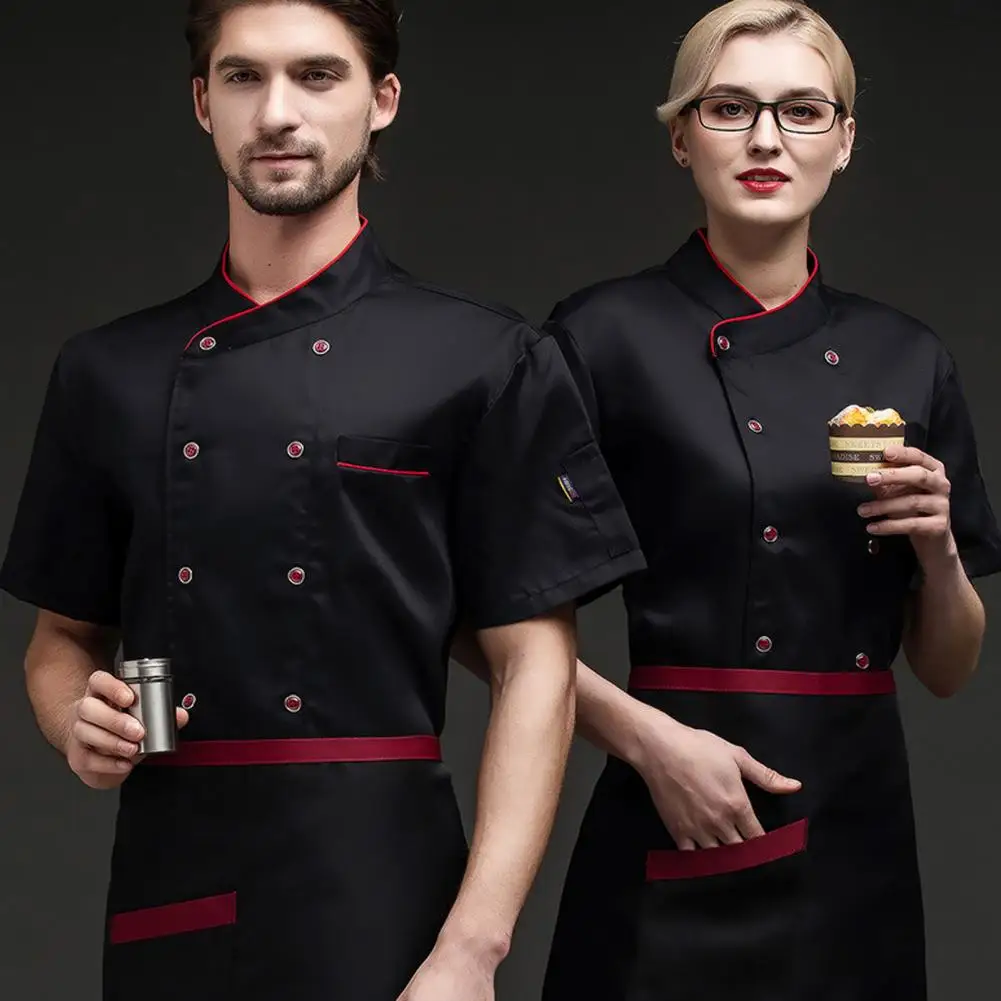 Unisex Button-Down Chef Uniform Coats com Bolsos para Hotéis, Restaurante, Uniformes de Cozinha, Casacos de Manga Curta, Elegante