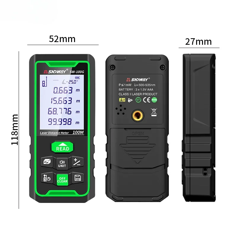 Distancemètre laser Télémètre numérique 120m 100m 70m 50m Télémètre Ruban à mesurer Règle de niveau électronique Outil de roulette