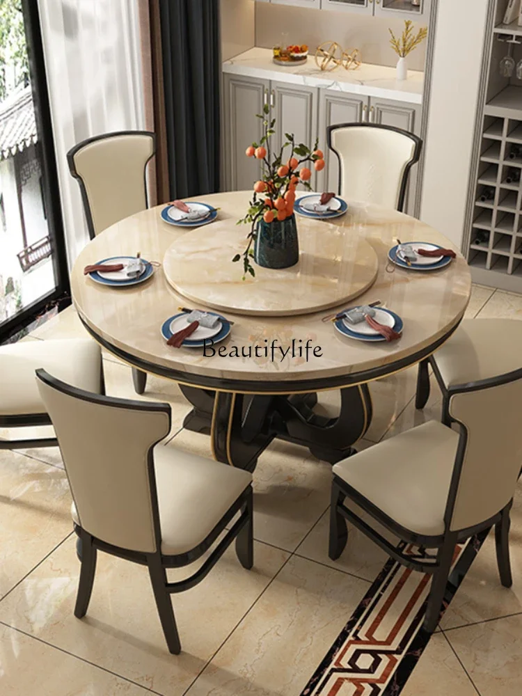 

yj5 Marble Dining Tables and Chairs Set European-Style Solid Wood Household with Turntable