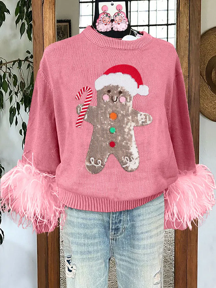 Cute Gingerbread Man Christmas Sequined Sweater