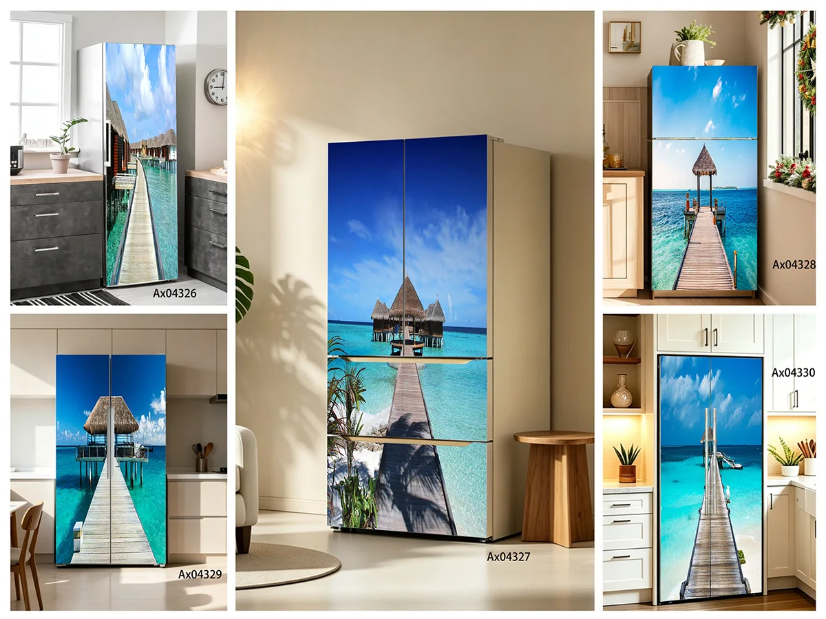 

Classic Maldives Water Villa Boardwalk Split Art Fridge Sticker Waterproof Aesthetic Stickers for Kitchen Refrigerator Decor
