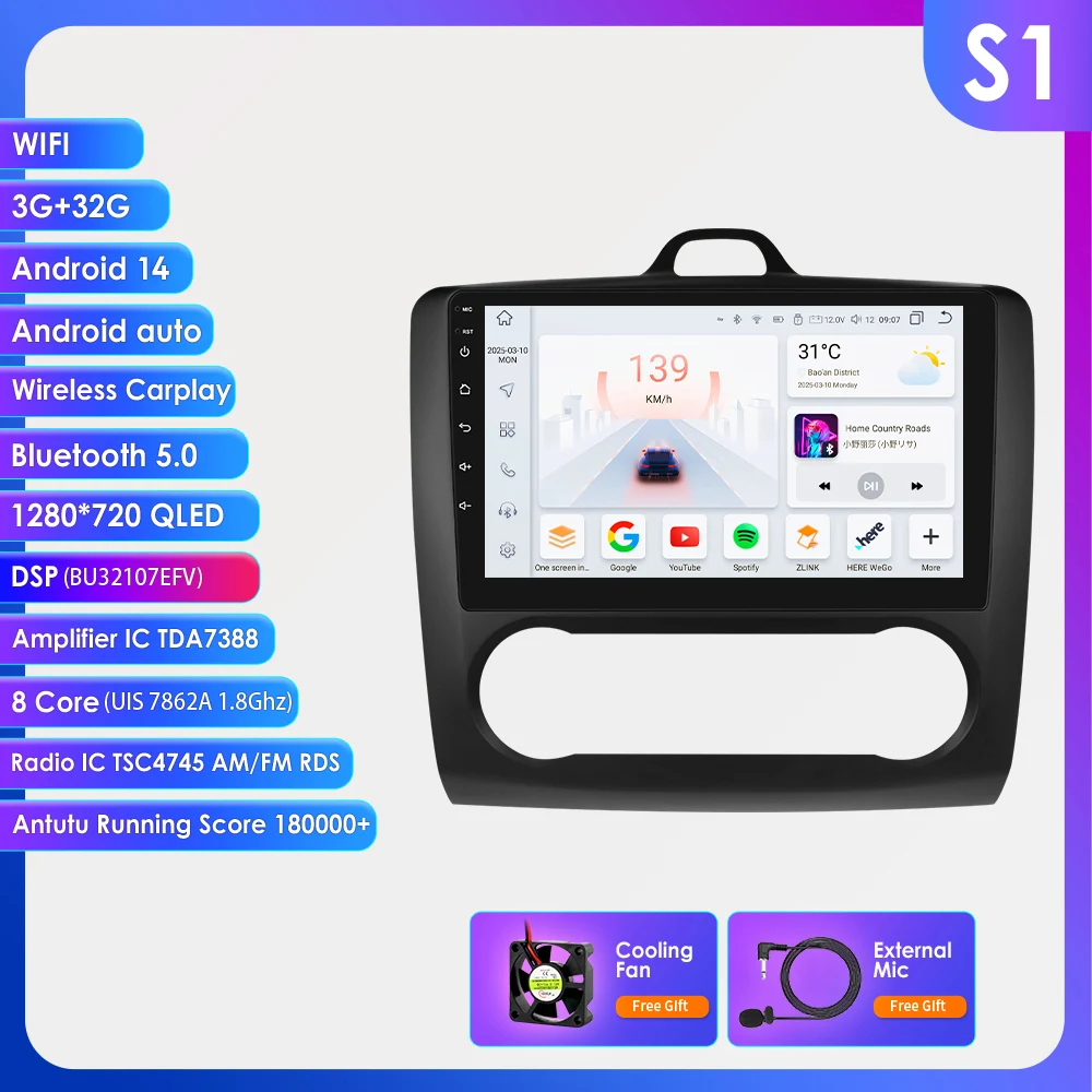 Hizpo 9 inch Android 14 multimediaspeler voor Ford Focus Exi AT 2004-2011 GPS navigatie Carplay autoradio 8-core 8+128G