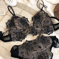 French Lace Flowers Embroidery Bra Set Sexy Ultra Thin Women Underwear New Triangle Cup Wire Free Bralette Romantic Lingerie Set