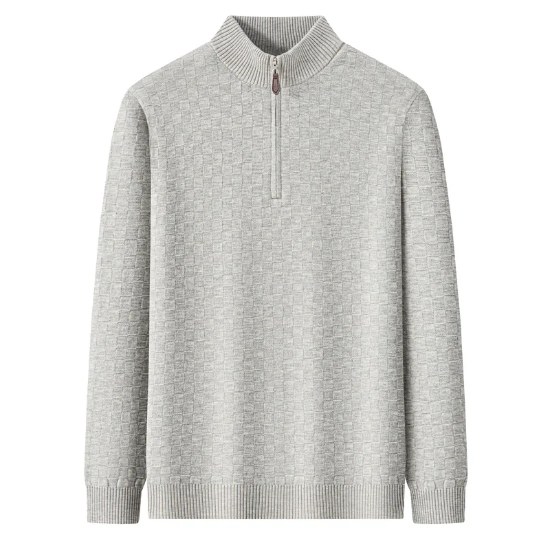 Mens Half Zip Textured Knit Sweater Long Sleeve Stand Collar Relaxed Pullover for Autumn Winter Casual Everyday Smart Outfits