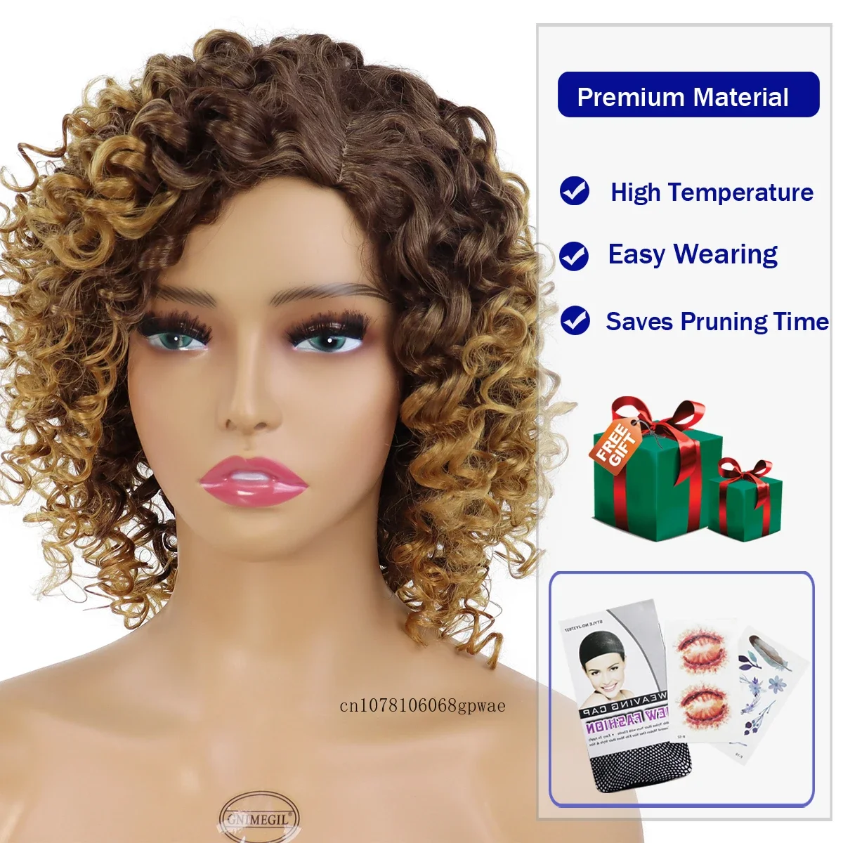 Peruca marrom clara ombre sintética para mulheres negras, perucas curly afro curtas, despedida lateral, cosplay diário, festa de Halloween, aparência natural