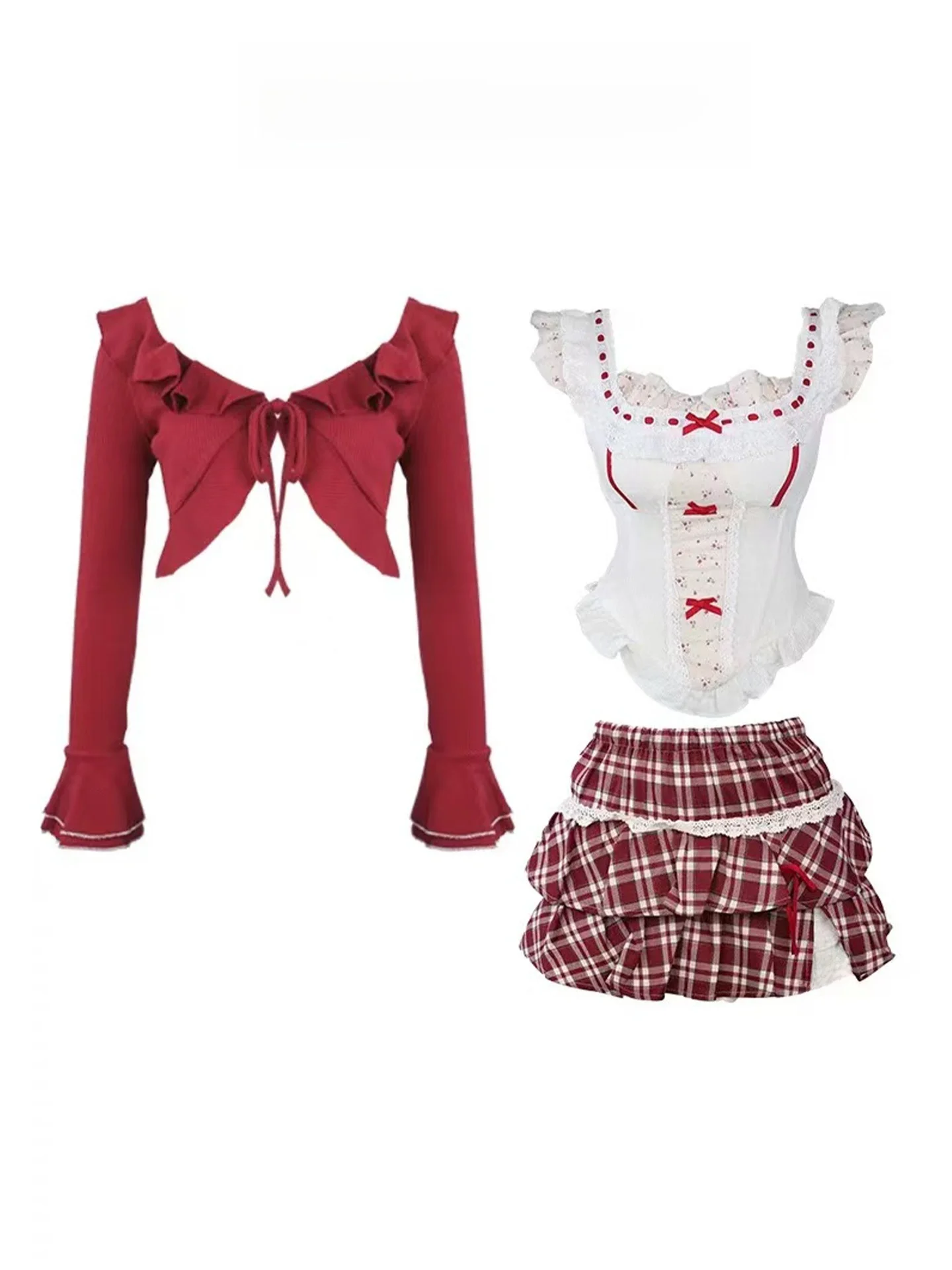 

Красное вино, сладкая вишня, комплект ранней осени, женский весенне-осенний красный открытый кардиган, жилет, клетчатая юбка-тортик, весь комплект