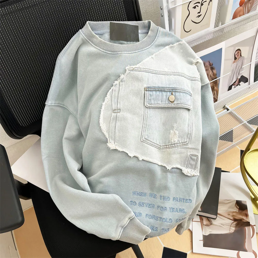 Men & Women Vintage Patchwork Distressed Sweatshirts Letter Embroidery Solid Loose Hoodies Retro Drop Sleeve Thin Tops 18-24Y