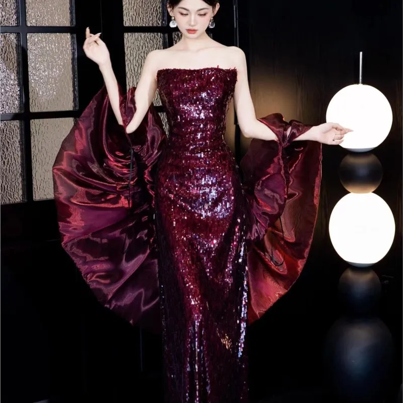 New Burgundy banquet host toasting dress with strapless