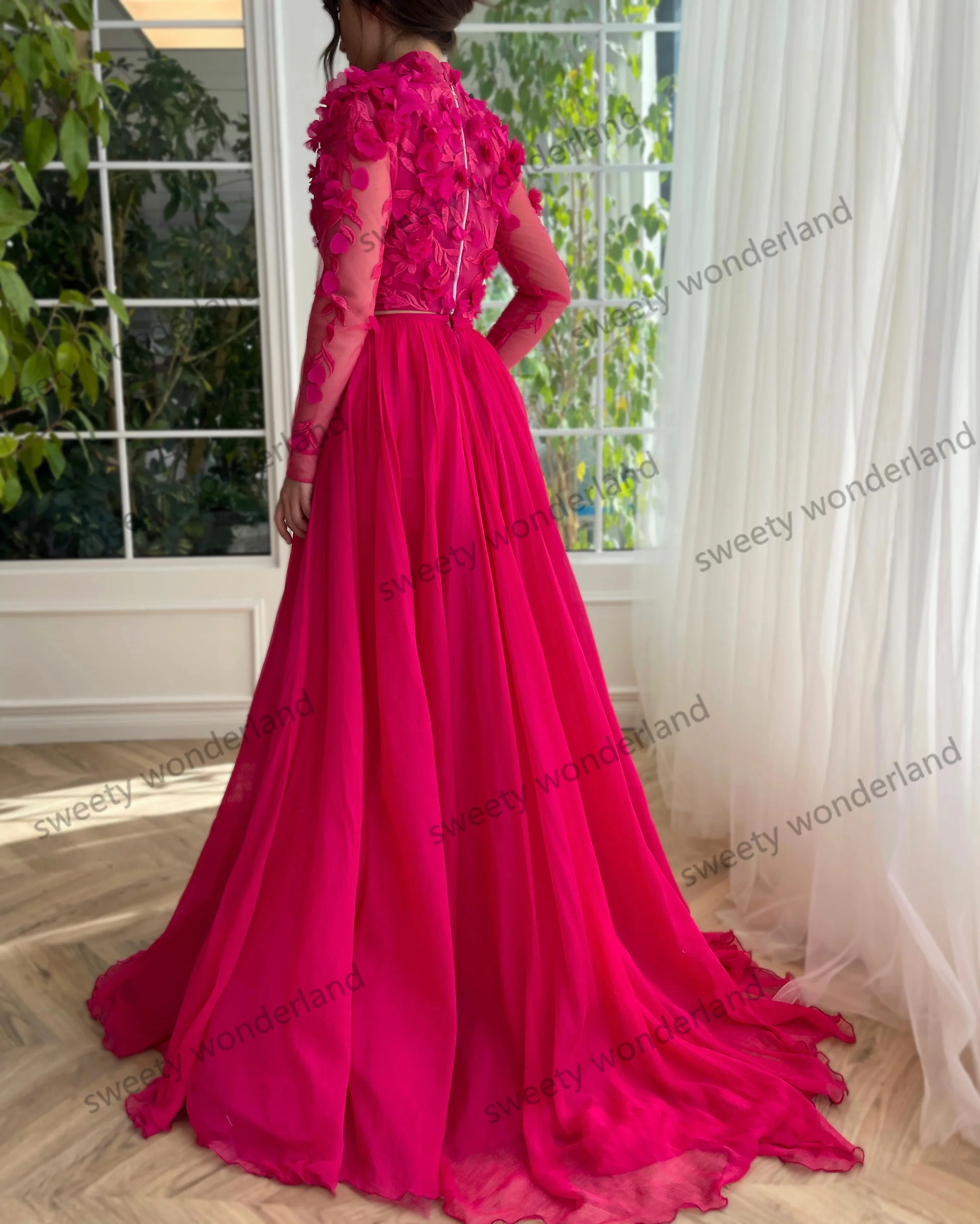 Fuchsia 2 Pcs Prom Dresses with Slit Lace 3D Floral Appliques Maxi Gown Women Long Sleeves Evening Party vestido de novia