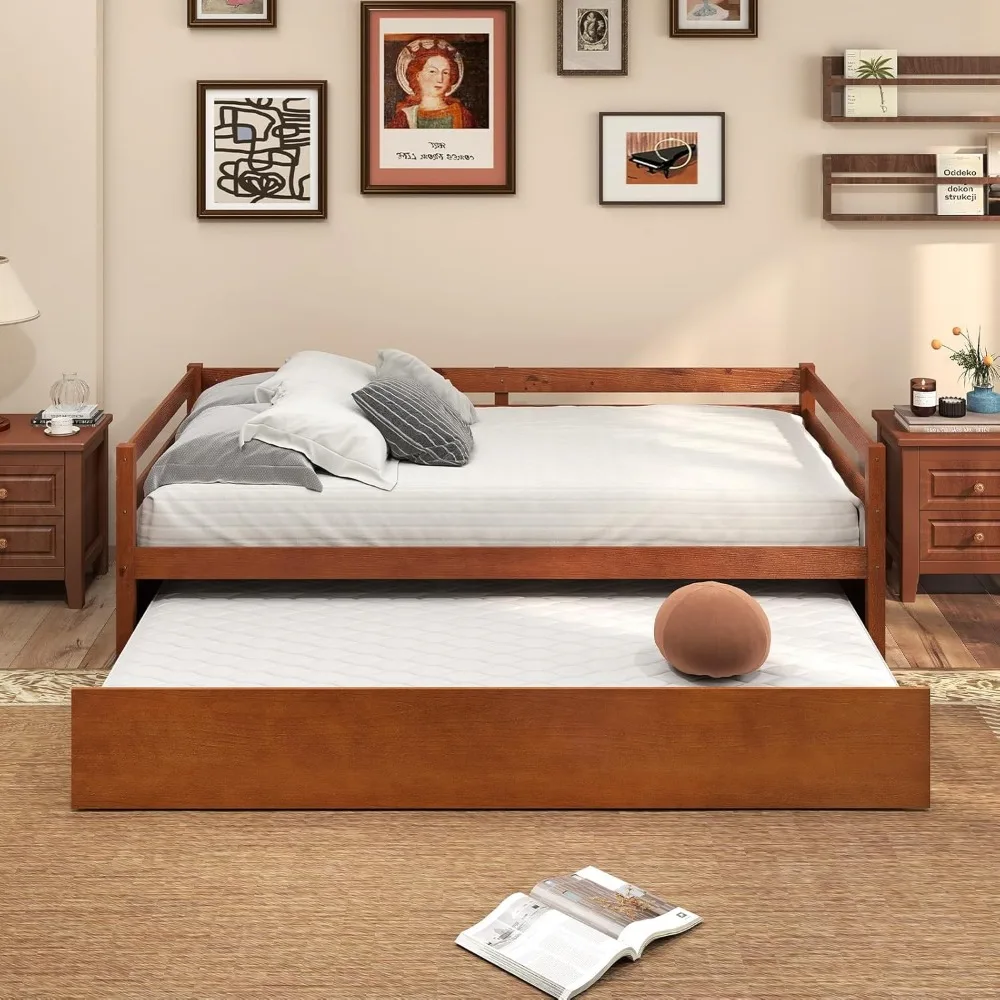 Twin Daybed with Trundle, Wood Trundle Bed with Wood Slat Support, Mid Century Day Bed Frame for Living Room Guest Room