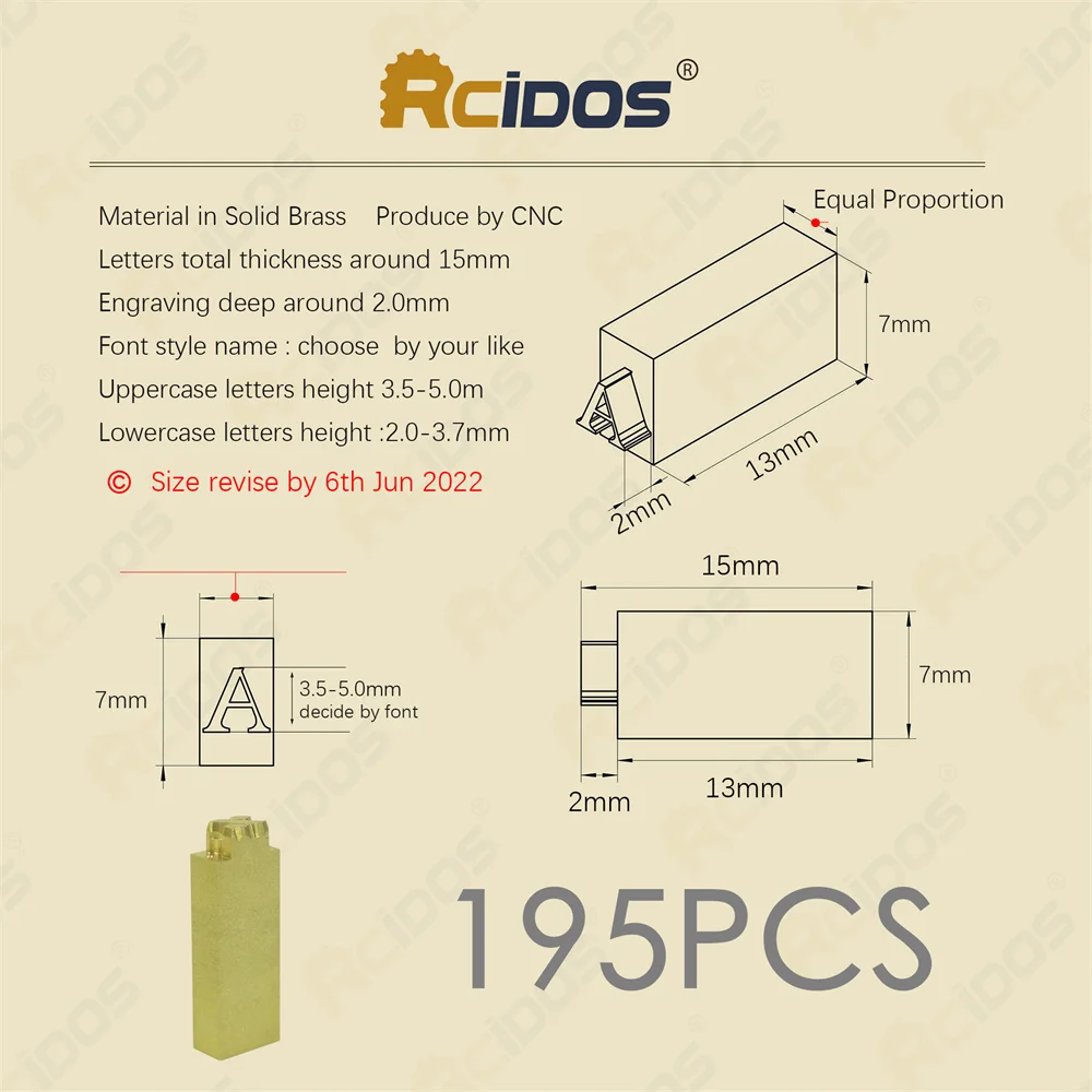 

195PCS/SET RCIDOS Foil Stamping Brass Letters,fit to movego stamp machine,Thickness 15mm,Engraving deep 1.5mm