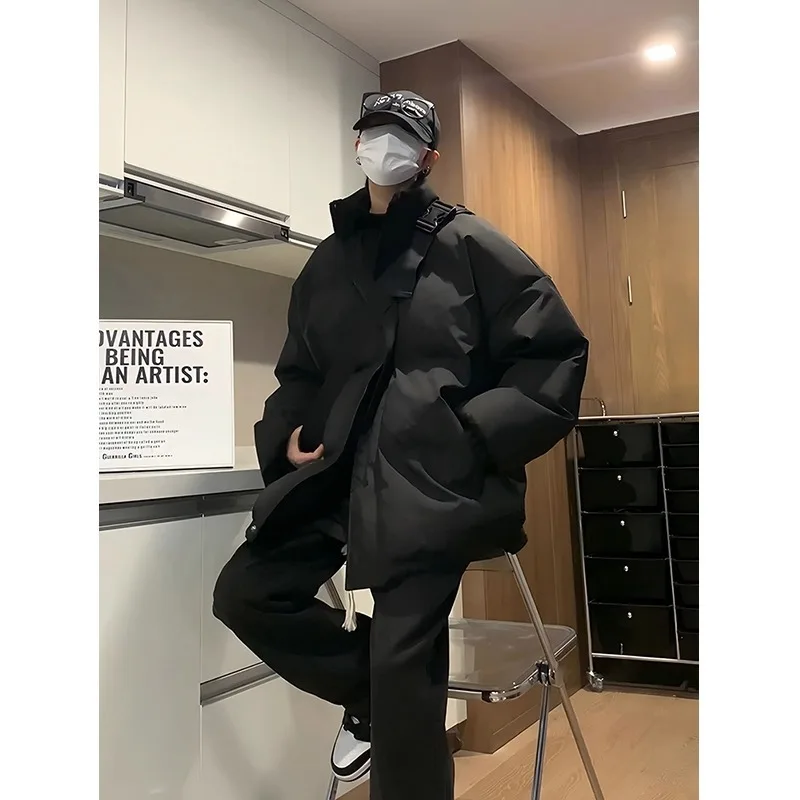 Pure black lightweight down jacket for men, winter youth, two cotton jacket, cotton jacket, high street standing collar face