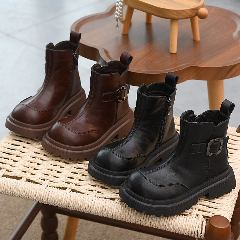 

Genuine leather children's boots, girls' leather boots, boys' leather belt buckle short boots, 2025 new winter velvet two cotton