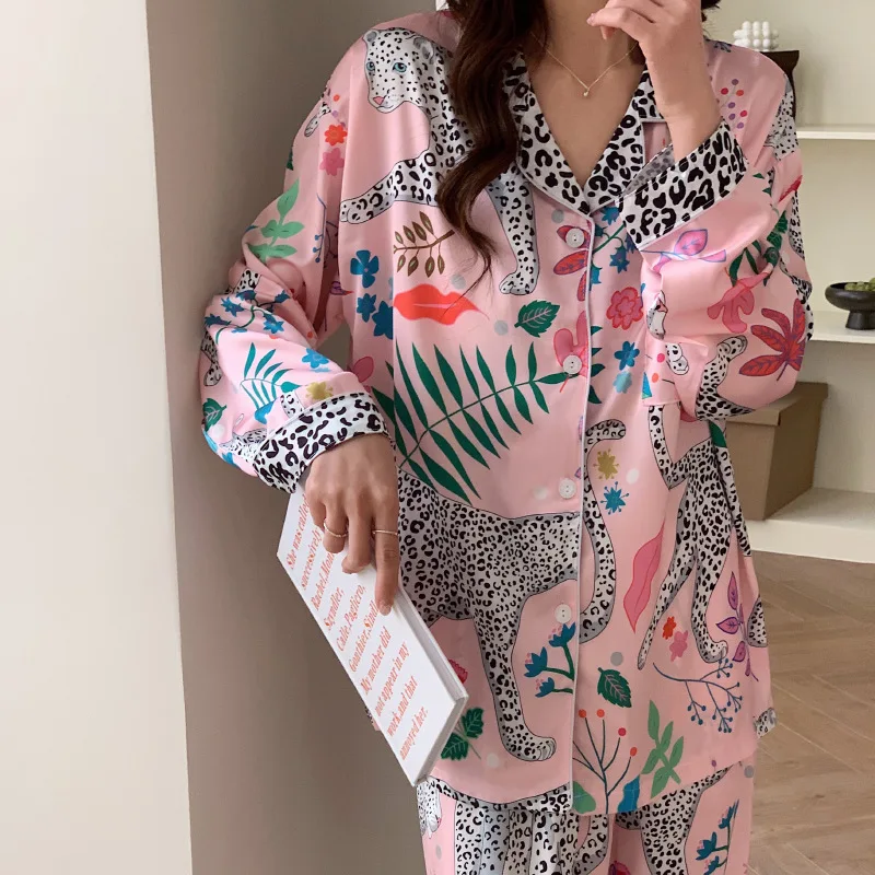 Cartoon Spotted Leopard Print Women Two-piece Pajamas Faux Silk Satin Cool Lady Sleepwear New Classic Pyjamas Female Housewear