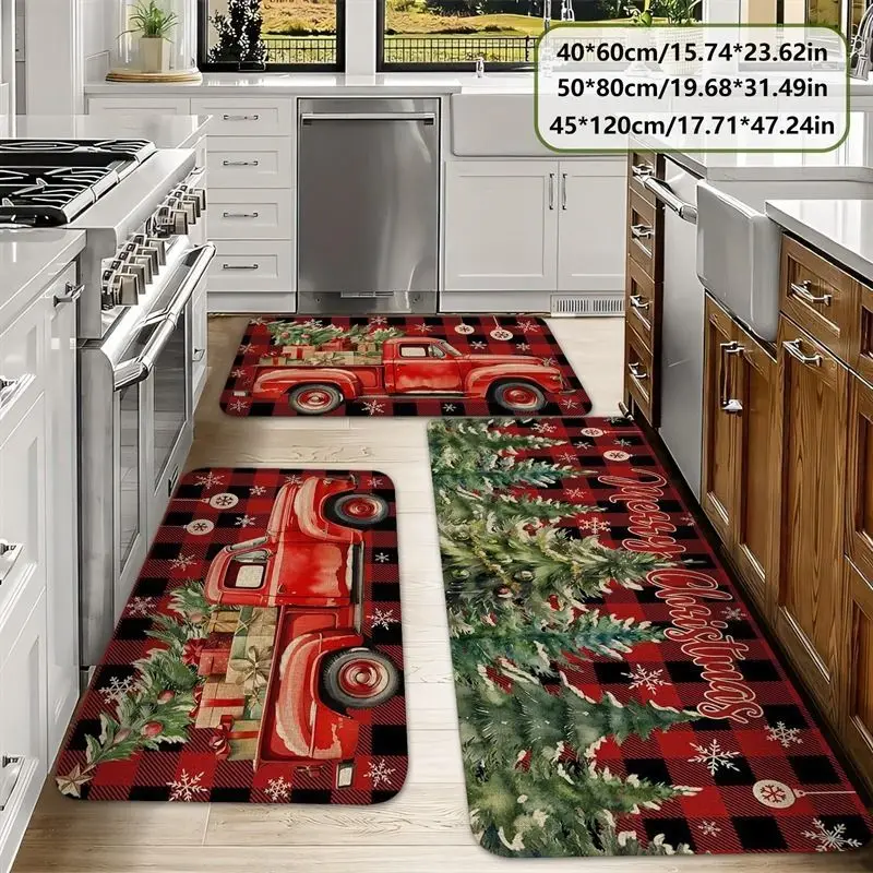 VIKAMA Vintage Red Truck Kitchen Mat Christmas Tree Merry Christmas Script Pine Holly Holiday Floor Rug for Kitchen Decor