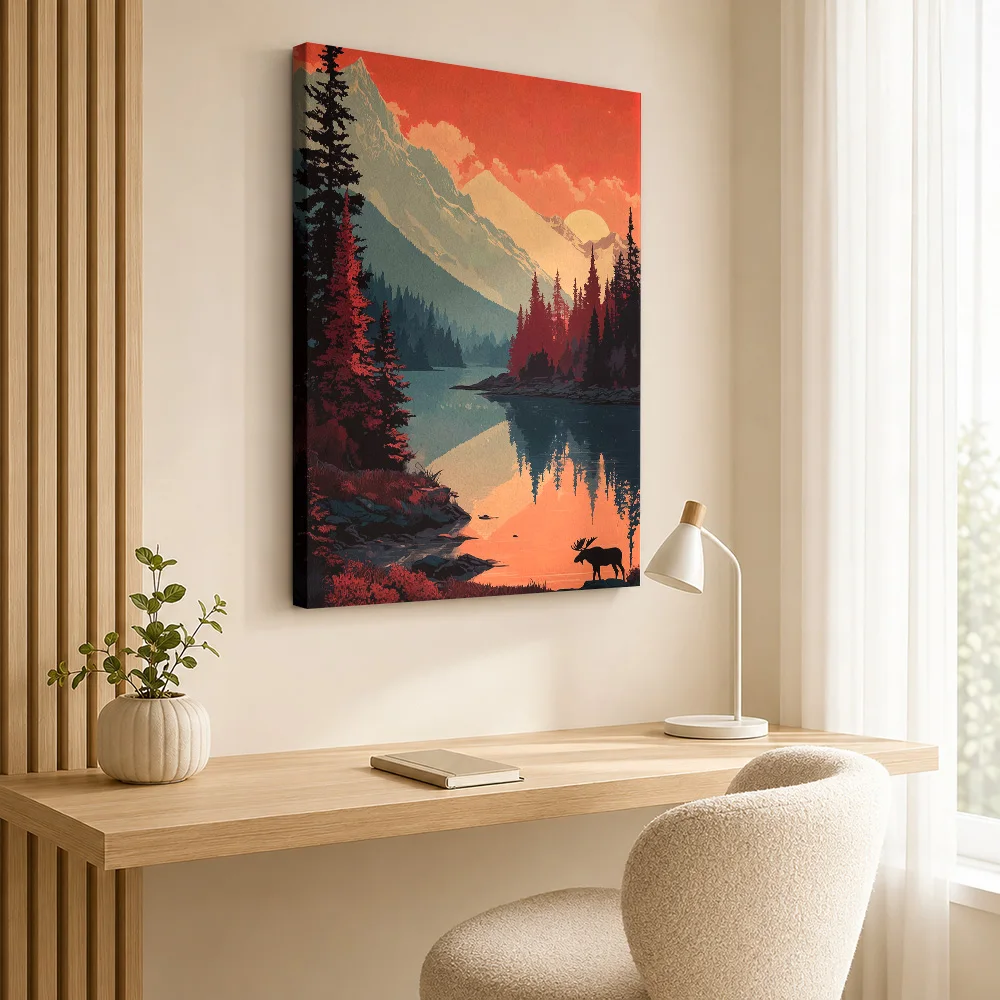 Mountain Lake Landscape With Moose Framed Canvas Print Customized Photo Illustrated Wall Art For Entryway, Nature Lover Gift