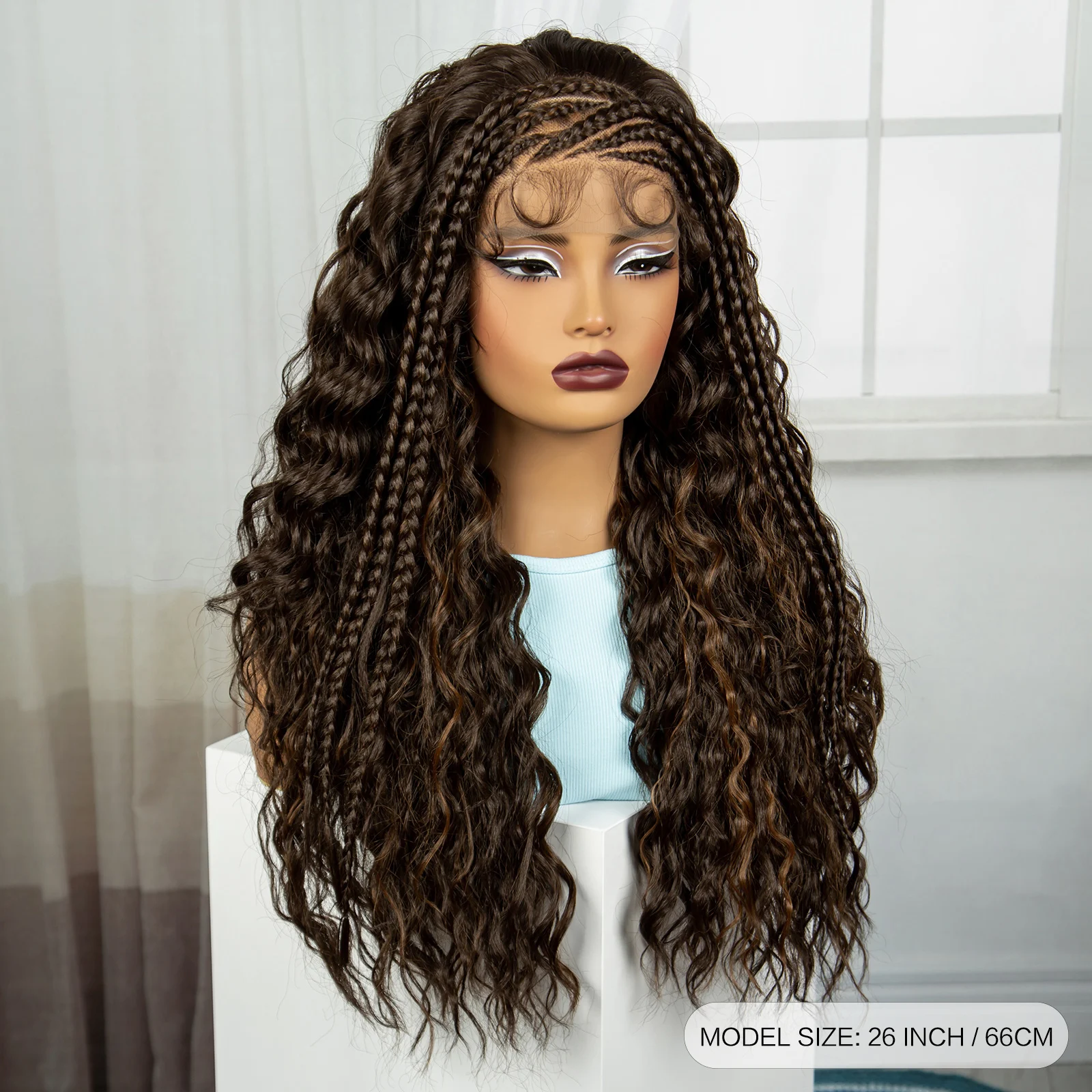 26 Inch 4-30 Water Wave Synthetic Braided Wigs Lace Braided Wigs Curly Knotless Box Braids Wigs With Baby Hair for Black Woman