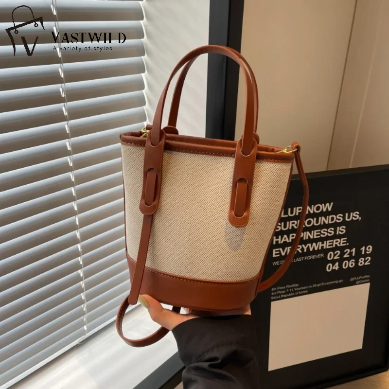 

2025 Fashion Versatile PU Canvas Bucket Shoulder and Crossbody Bags Simple Casual Sense of Luxury Retro Handbags for Women Сумка