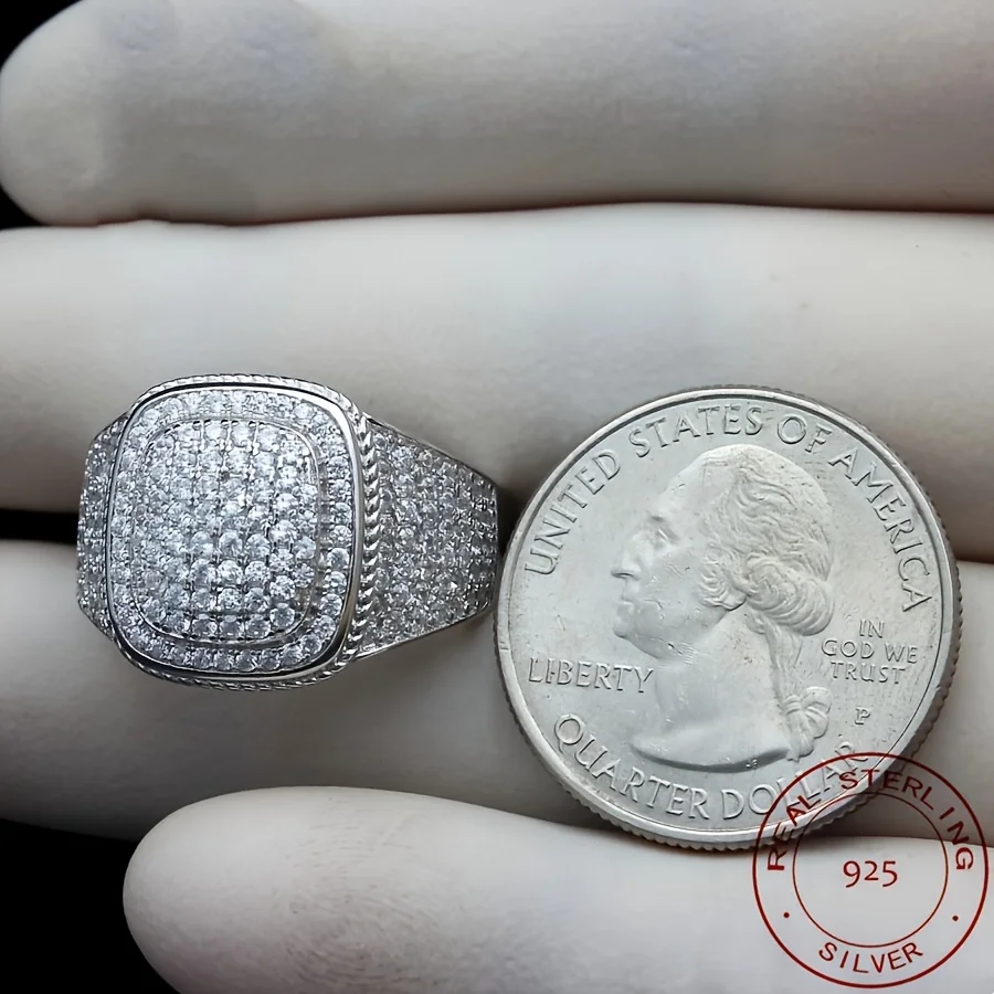 925 فضة مثلج خارج بلينغ الرجال العنقودية الخنصر الدائري مستطيل الهيب هوب نمط الزفاف الفرقة خواتم الذكور المجوهرات #3