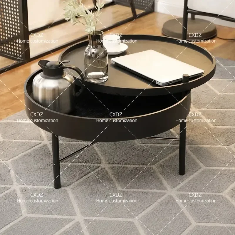 Nordic Light Luxury Desktop Small Apartment Tea Table Multi Functional Combination Rotating Storage Solid Wood Small Round