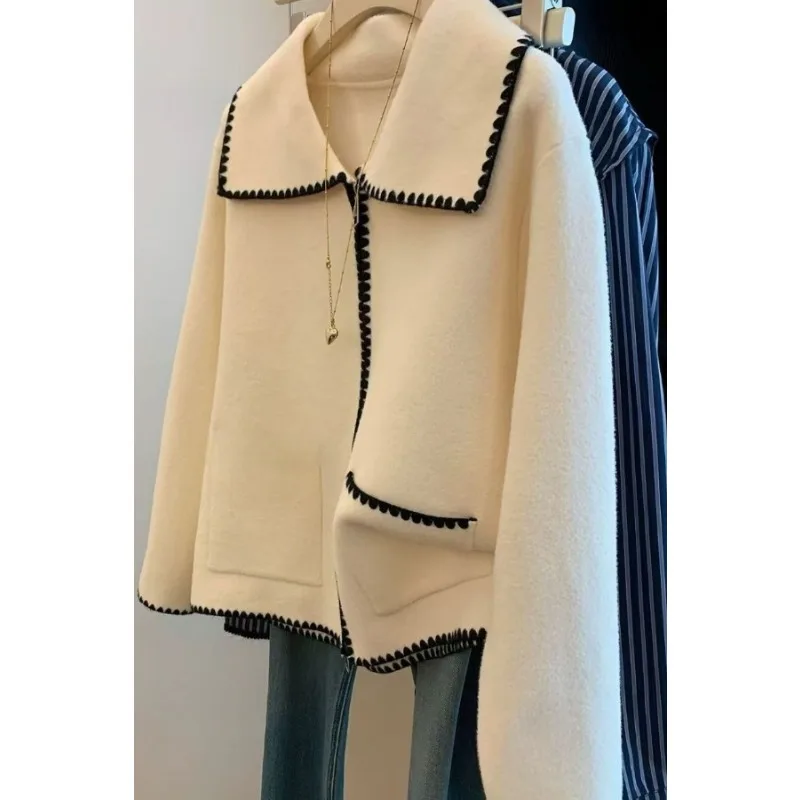 

Двойная молния контрастного цвета, вязаный осенне-зимний свитер с лацканами, женская куртка, повседневная и универсальная верхняя одежда