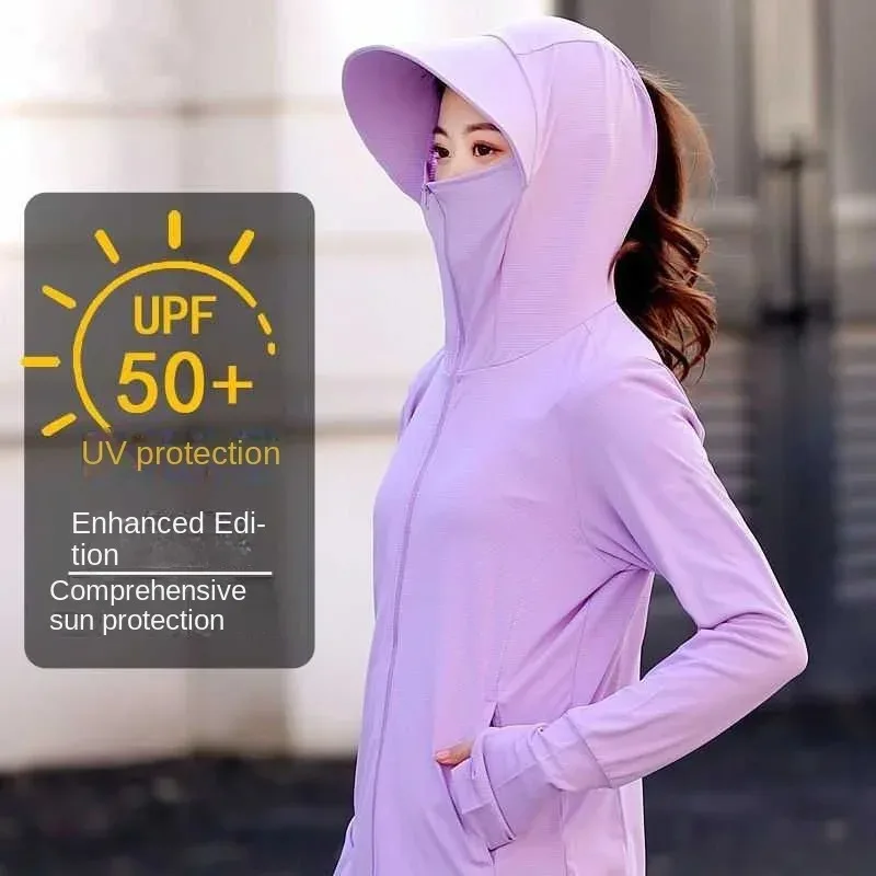 Women\'s Sunscreen Clothes 2024 New Jacket with Hood and Hat UV Protection Coat for Cycling Ice Silk Thin