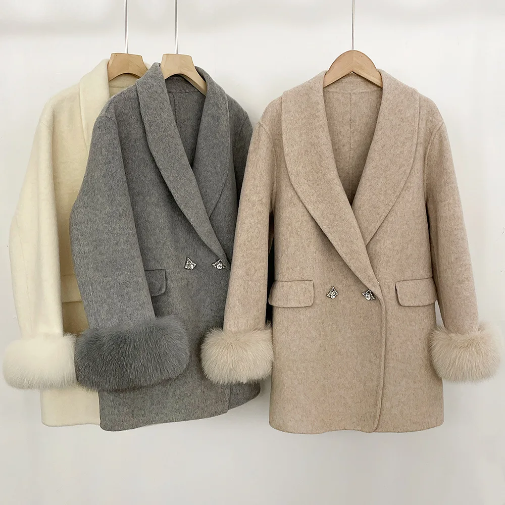 Women's Autumn and Winter Light Luxury Fox Fur-Sleeved Double-Sided Woolen Coat